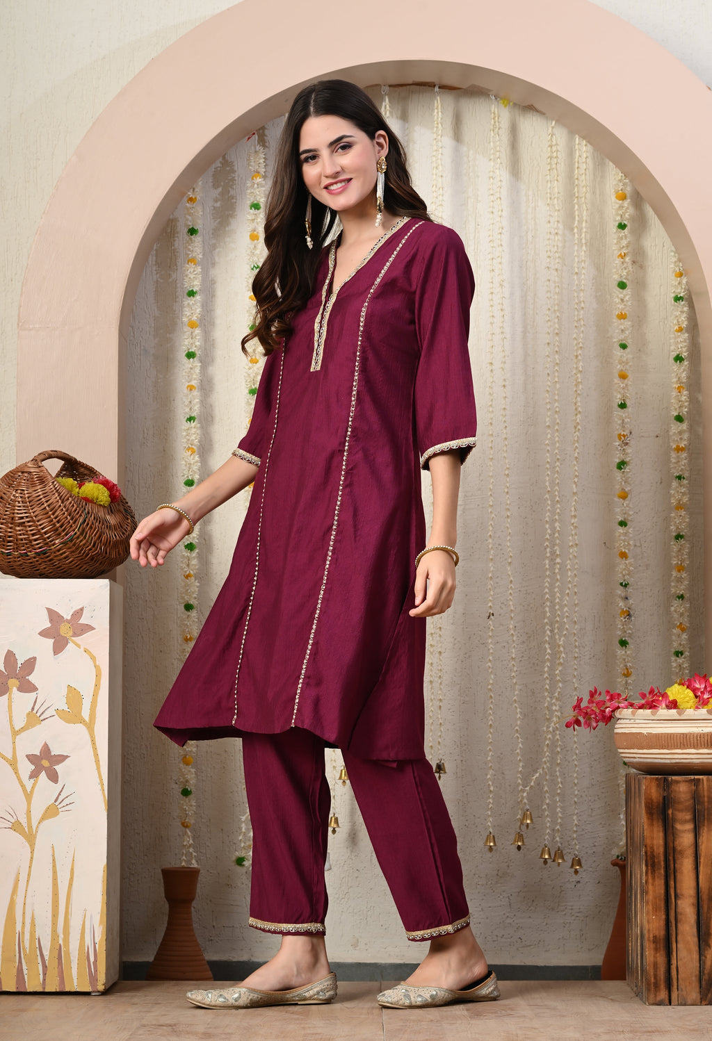 Myshka Wine Silk Blend Straight Round Neck Three-Quarter Sleeves Kurta Trousers Set