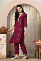 Myshka Wine Silk Blend Straight Round Neck Three-Quarter Sleeves Kurta Trousers Set