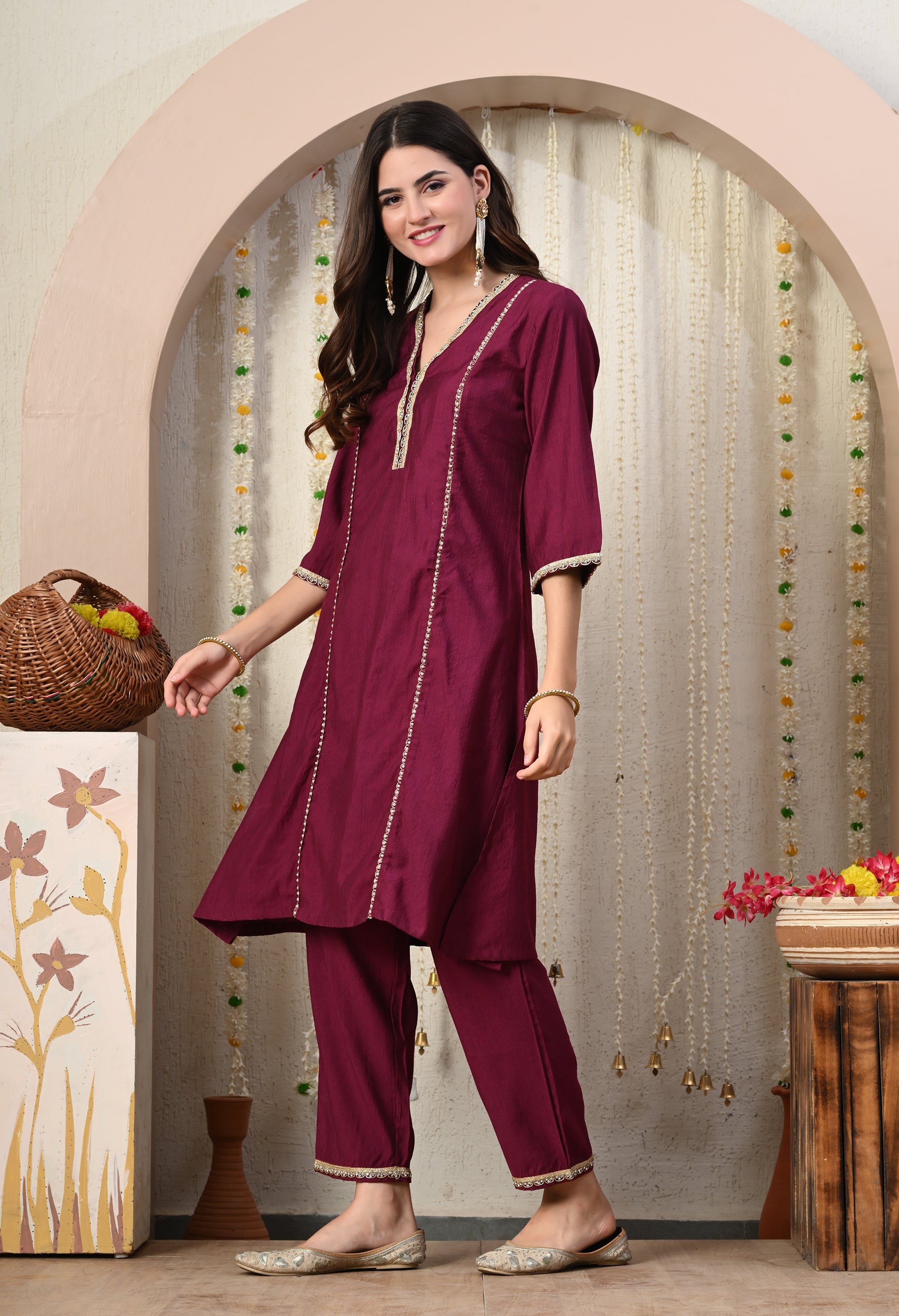 Myshka Wine Silk Blend Straight Round Neck Three-Quarter Sleeves Kurta Trousers Set