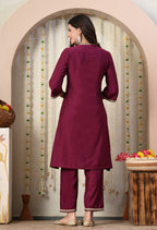 Myshka Wine Silk Blend Straight Round Neck Three-Quarter Sleeves Kurta Trousers Set