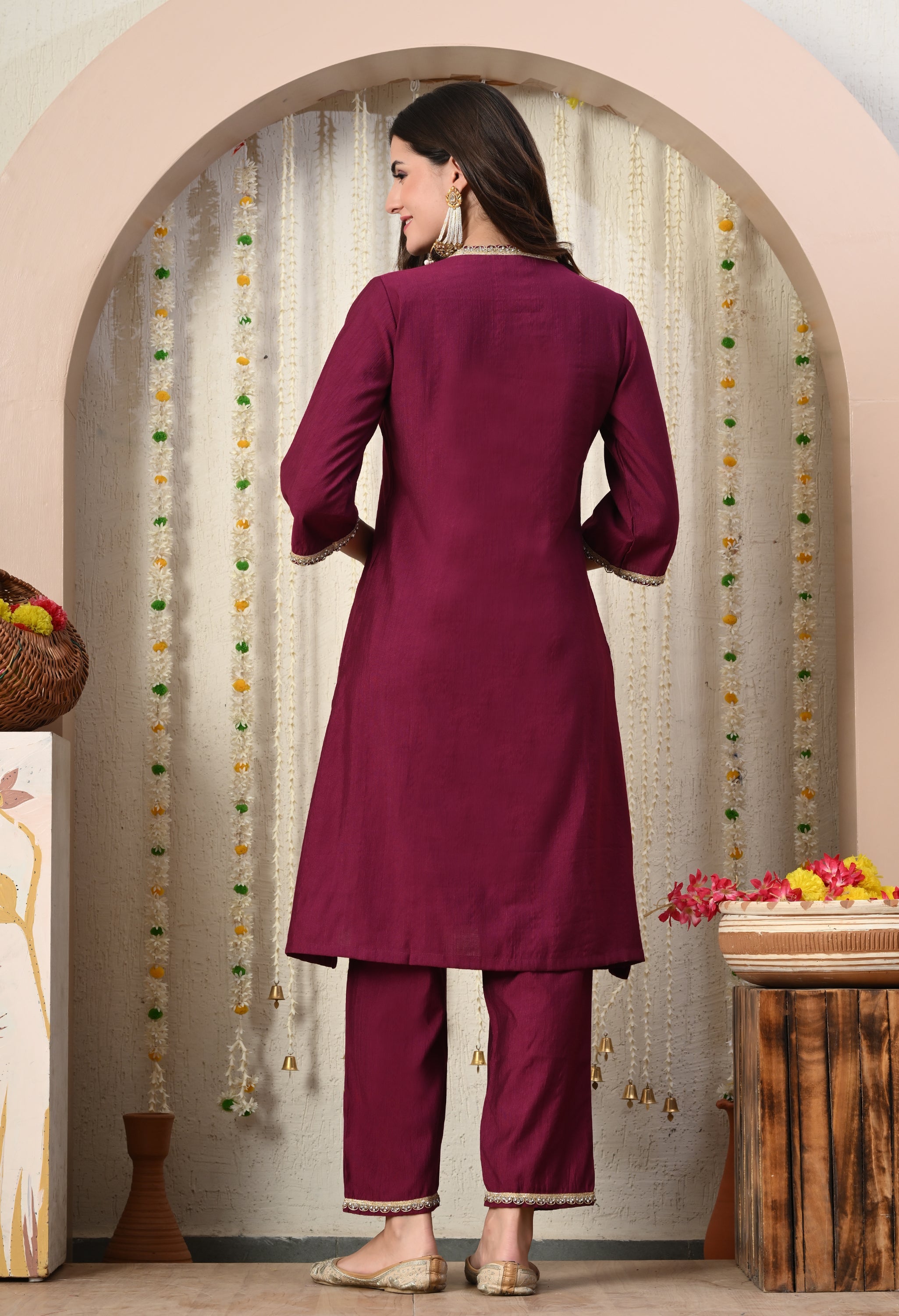 Myshka Wine Silk Blend Straight Round Neck Three-Quarter Sleeves Kurta Trousers Set