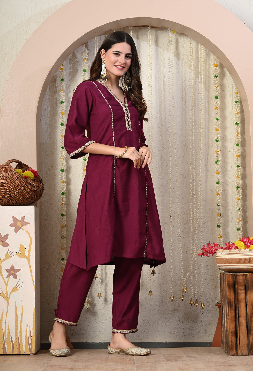 Myshka Wine Silk Blend Straight Round Neck Three-Quarter Sleeves Kurta Trousers Set