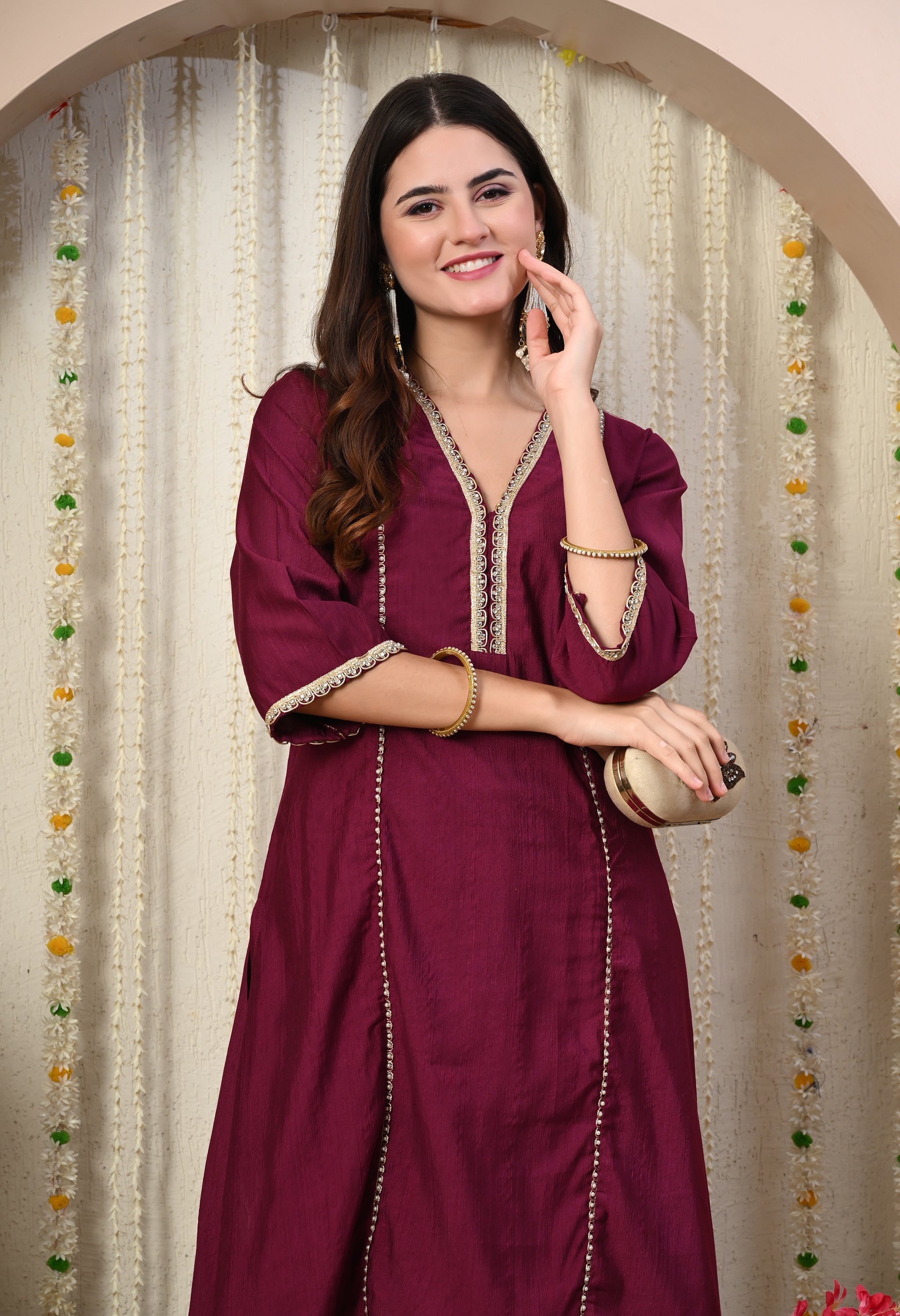 Myshka Wine Silk Blend Straight Round Neck Three-Quarter Sleeves Kurta Trousers Set
