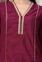 Myshka Wine Silk Blend Straight Round Neck Three-Quarter Sleeves Kurta Trousers Set