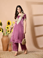 Myshka Mauve Silk Blend Straight Round Neck Short Sleeves Kurta Trousers Set