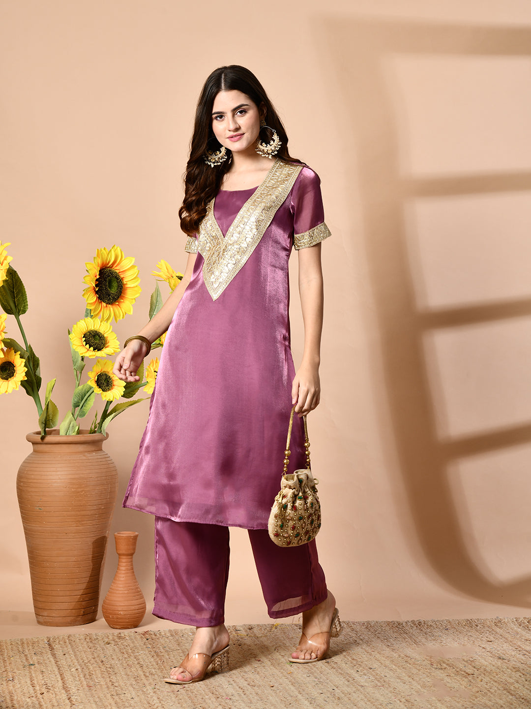 Myshka Mauve Silk Blend Straight Round Neck Short Sleeves Kurta Trousers Set