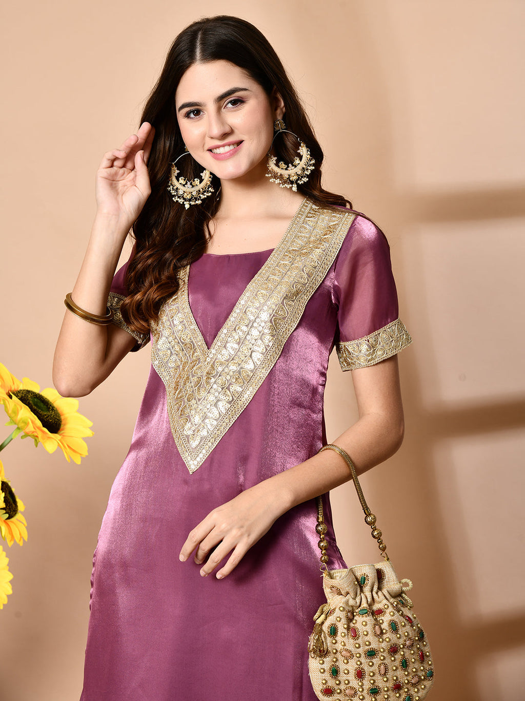 Myshka Mauve Silk Blend Straight Round Neck Short Sleeves Kurta Trousers Set