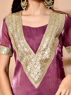 Myshka Mauve Silk Blend Straight Round Neck Short Sleeves Kurta Trousers Set