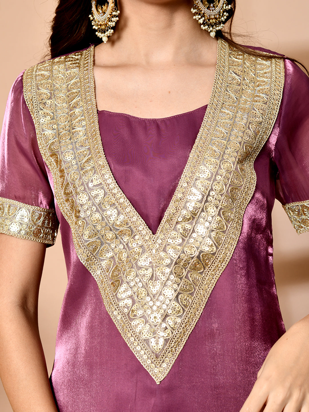 Myshka Mauve Silk Blend Straight Round Neck Short Sleeves Kurta Trousers Set