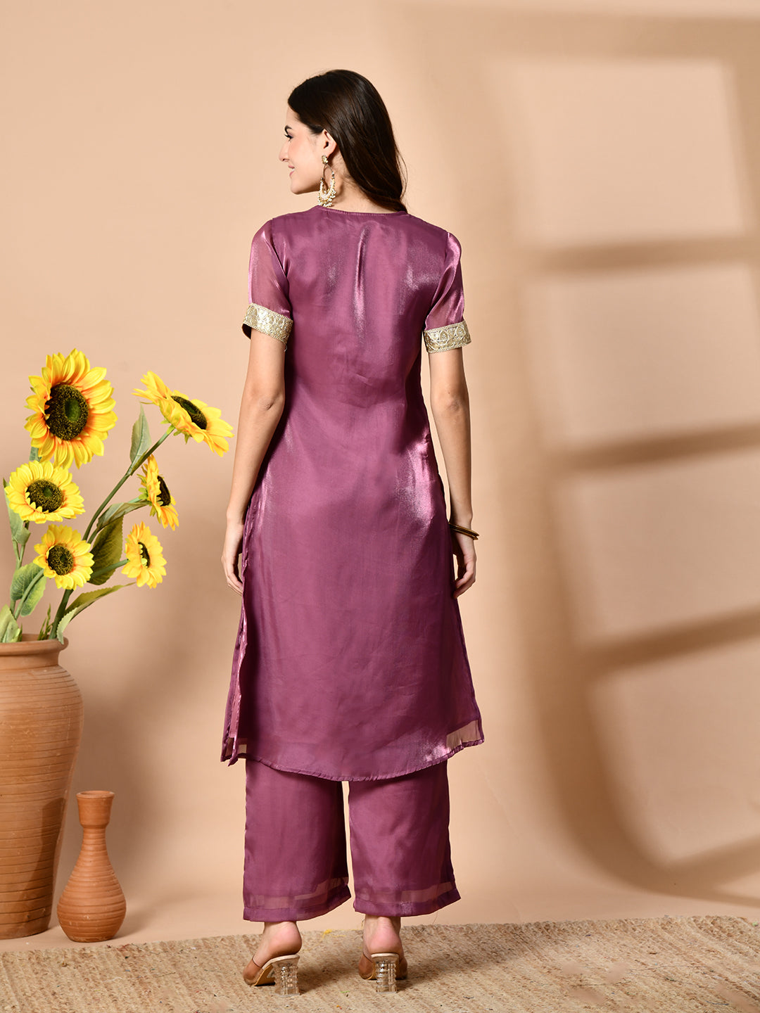 Myshka Mauve Silk Blend Straight Round Neck Short Sleeves Kurta Trousers Set