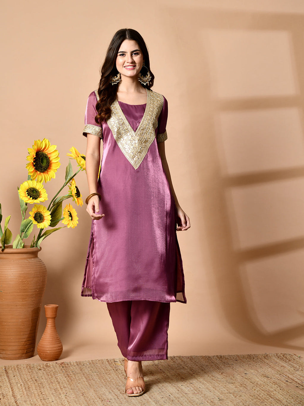 Myshka Mauve Silk Blend Straight Round Neck Short Sleeves Kurta Trousers Set