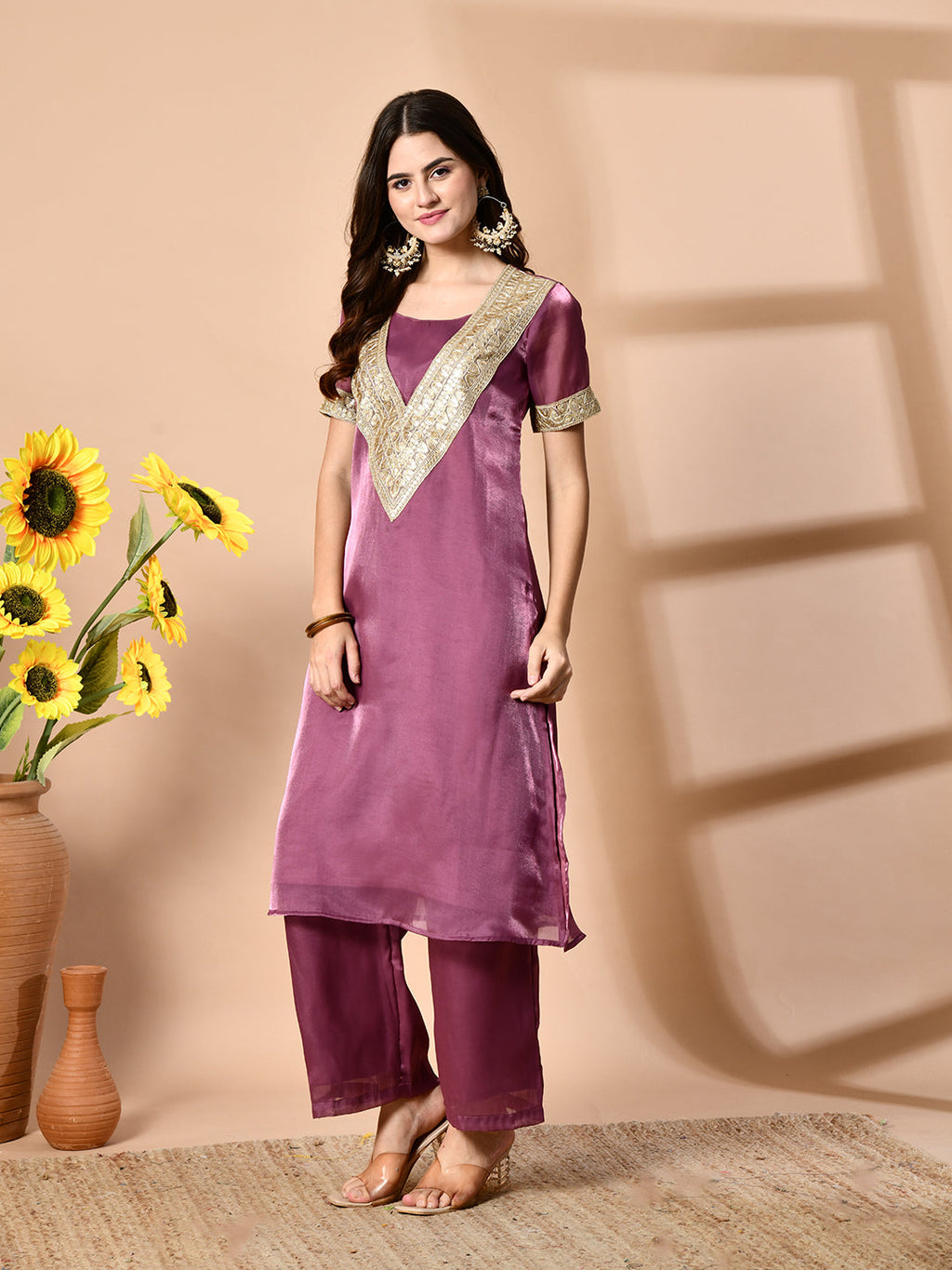 Myshka Mauve Silk Blend Straight Round Neck Short Sleeves Kurta Trousers Set