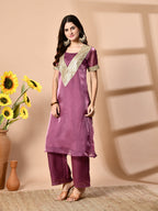 Myshka Mauve Silk Blend Straight Round Neck Short Sleeves Kurta Trousers Set