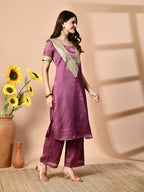 Myshka Mauve Silk Blend Straight Round Neck Short Sleeves Kurta Trousers Set
