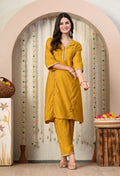 Myshka Musturd Silk Blend Straight Round Neck Three-Quarter Sleeves Kurta Trousers Set