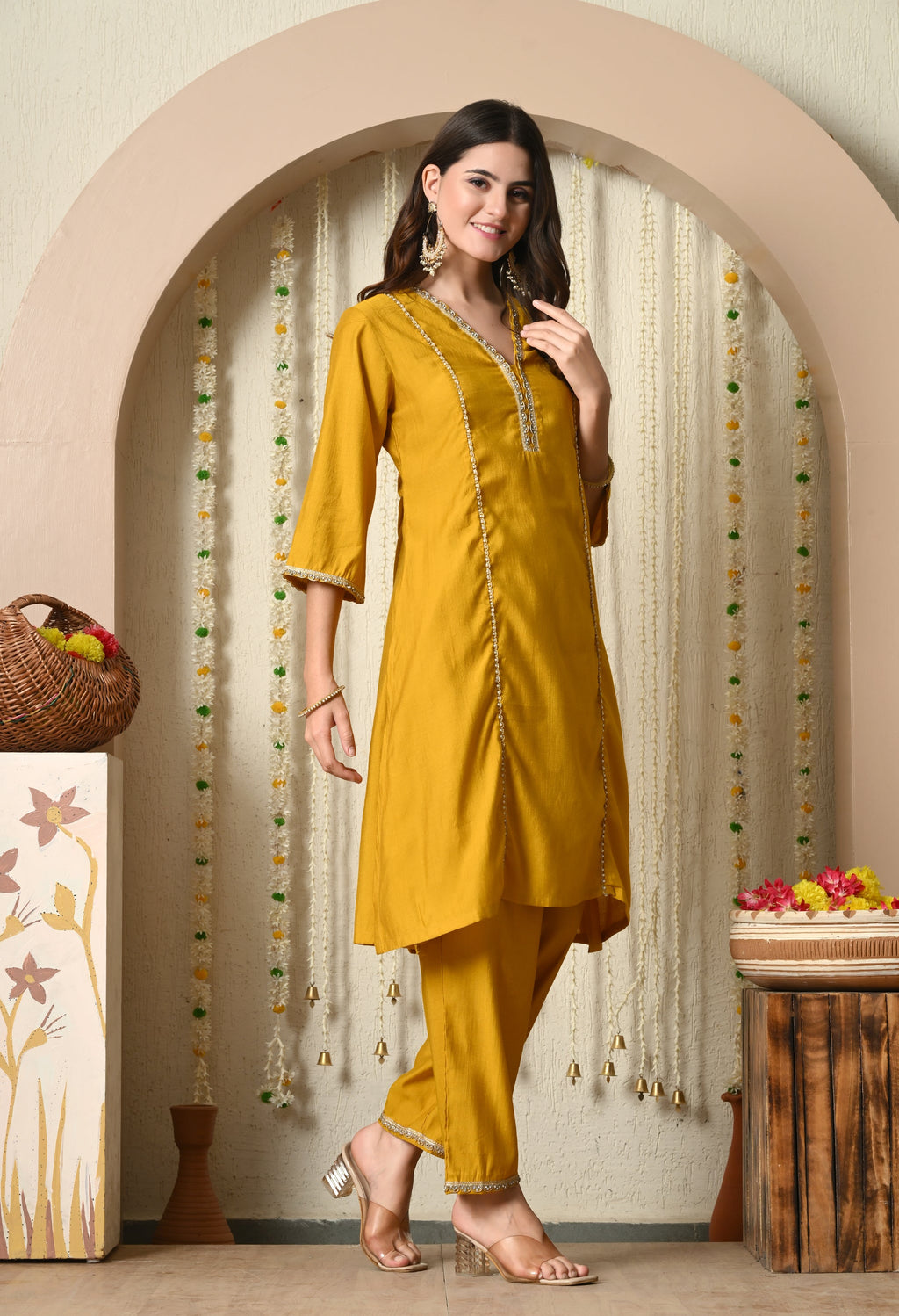Myshka Musturd Silk Blend Straight Round Neck Three-Quarter Sleeves Kurta Trousers Set