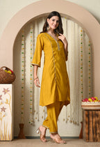 Myshka Musturd Silk Blend Straight Round Neck Three-Quarter Sleeves Kurta Trousers Set