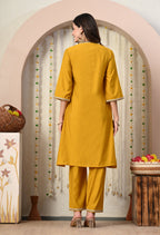 Myshka Musturd Silk Blend Straight Round Neck Three-Quarter Sleeves Kurta Trousers Set