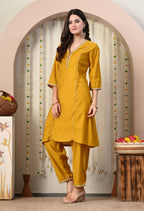 Myshka Musturd Silk Blend Straight Round Neck Three-Quarter Sleeves Kurta Trousers Set