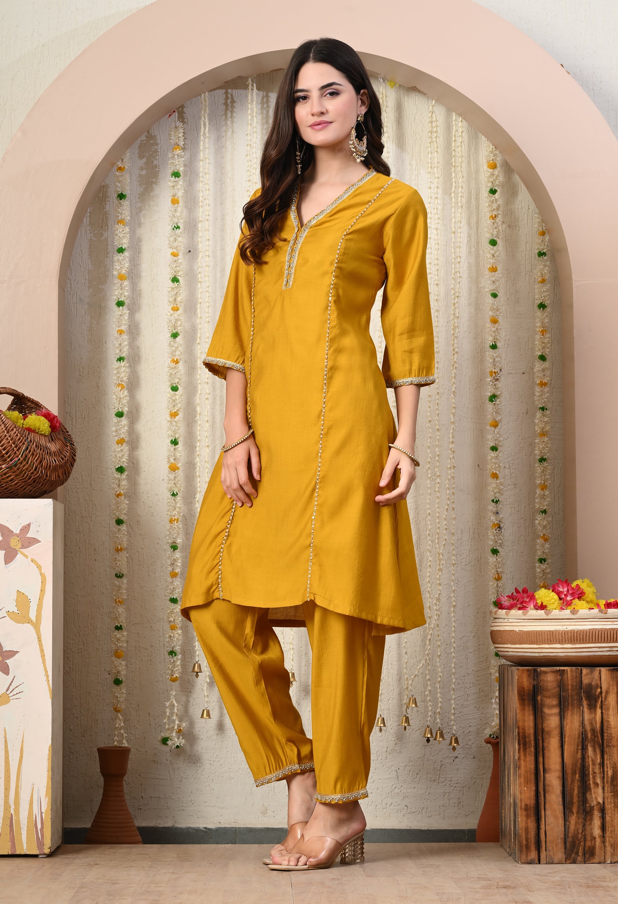 Myshka Musturd Silk Blend Straight Round Neck Three-Quarter Sleeves Kurta Trousers Set