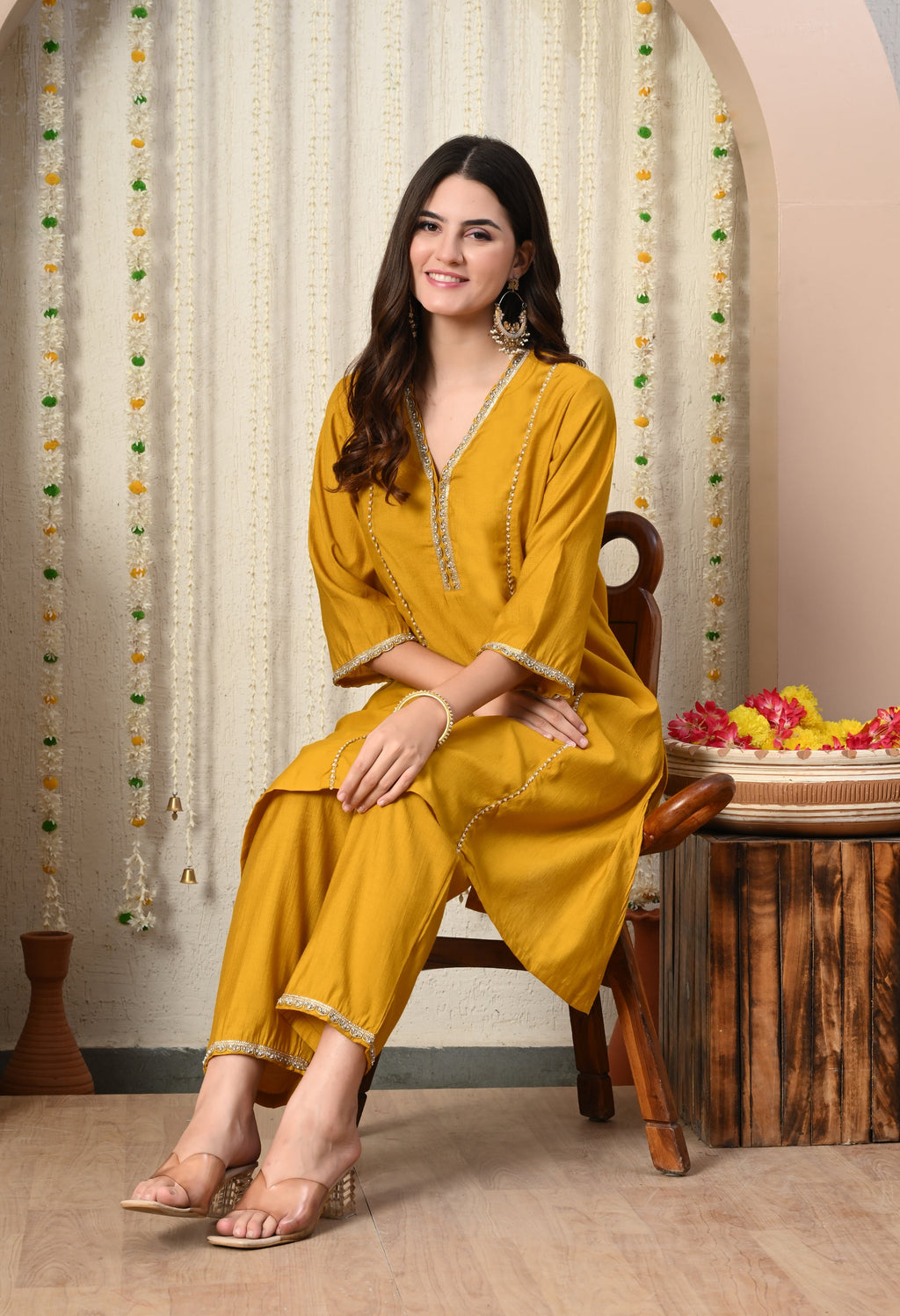 Myshka Musturd Silk Blend Straight Round Neck Three-Quarter Sleeves Kurta Trousers Set