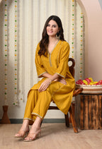 Myshka Musturd Silk Blend Straight Round Neck Three-Quarter Sleeves Kurta Trousers Set