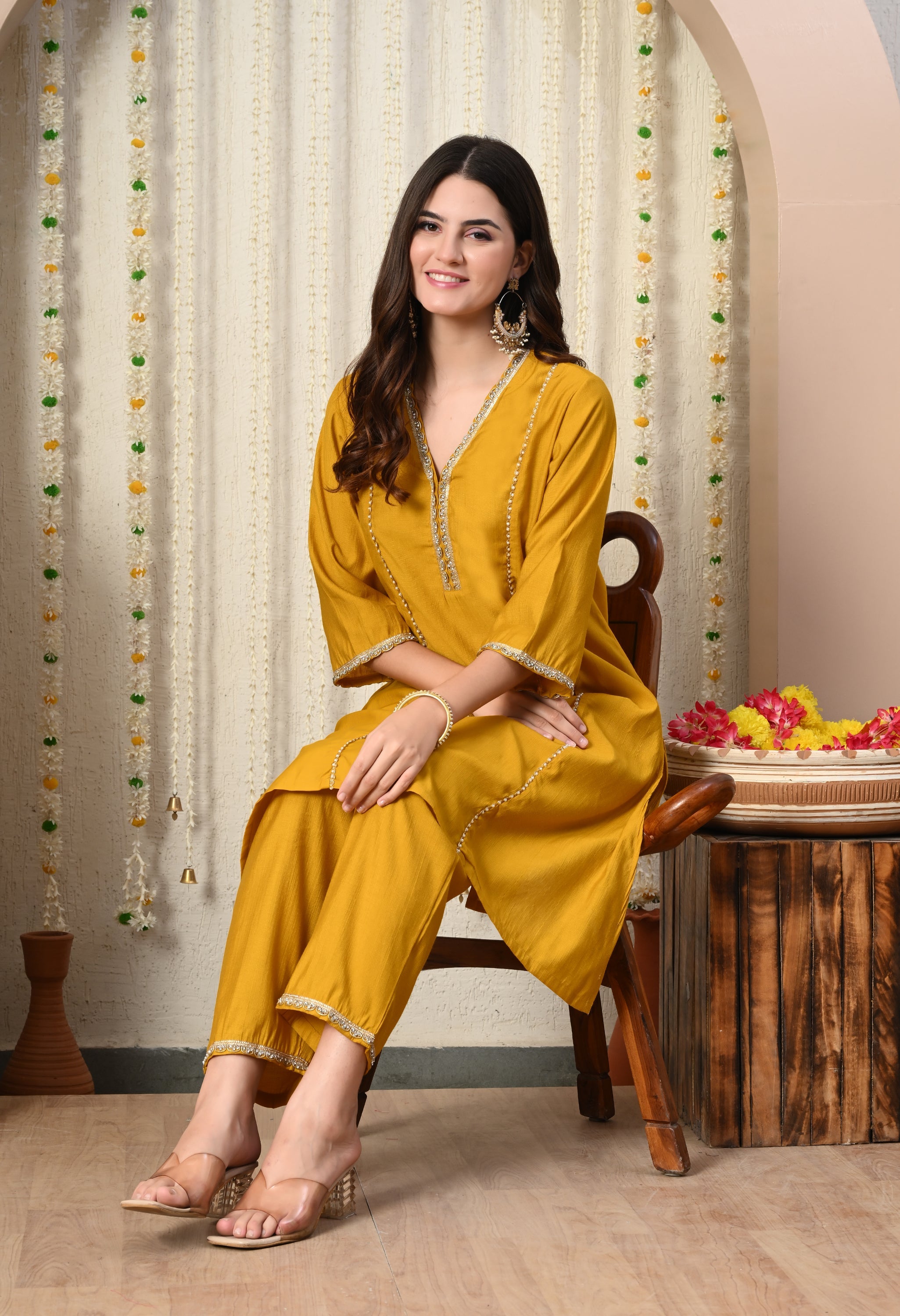 Myshka Musturd Silk Blend Straight Round Neck Three-Quarter Sleeves Kurta Trousers Set