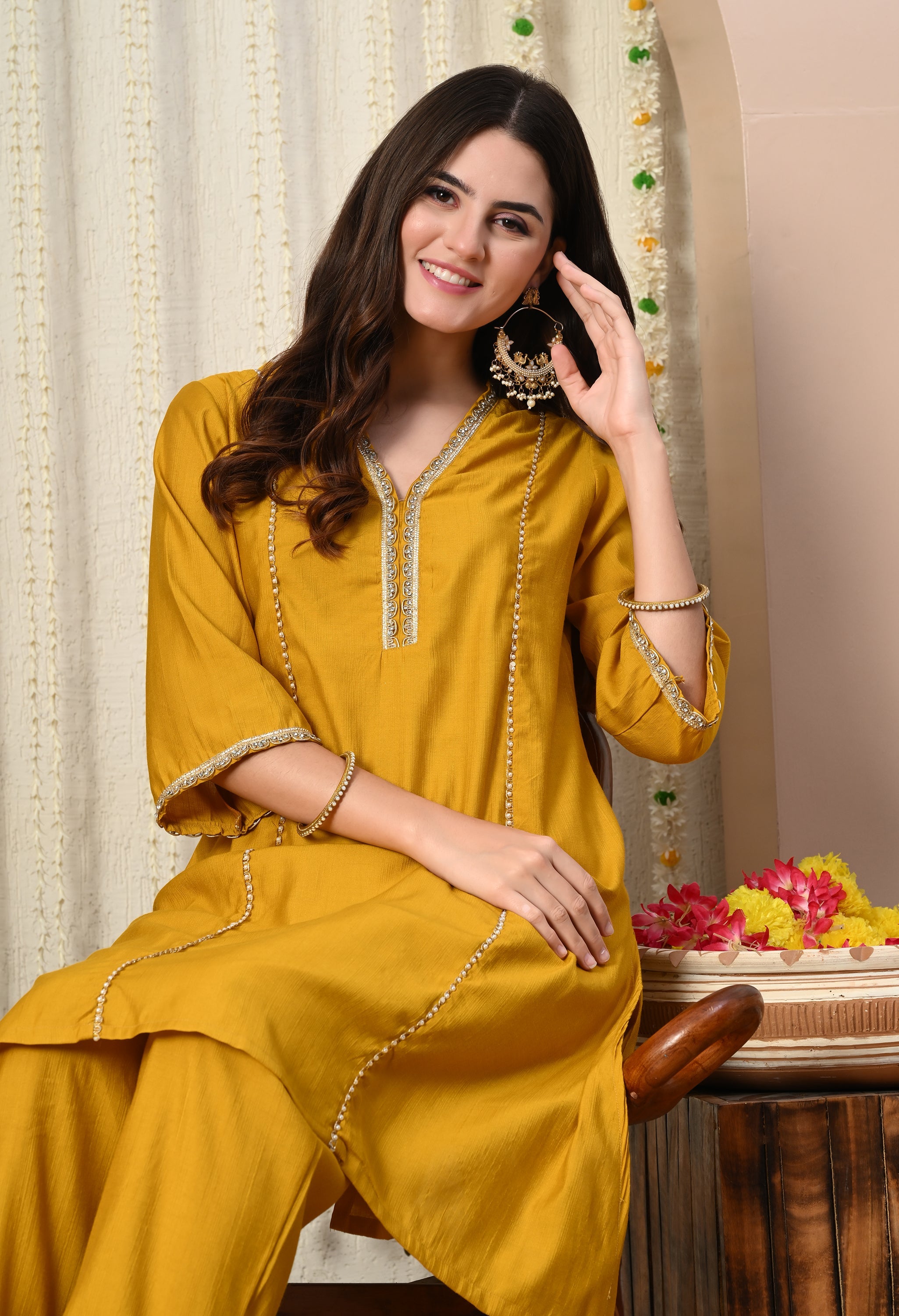 Myshka Musturd Silk Blend Straight Round Neck Three-Quarter Sleeves Kurta Trousers Set