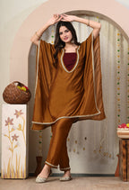 Myshka Brown Silk Blend Kaftan Round Neck Short Sleeves Kurta Trousers Set