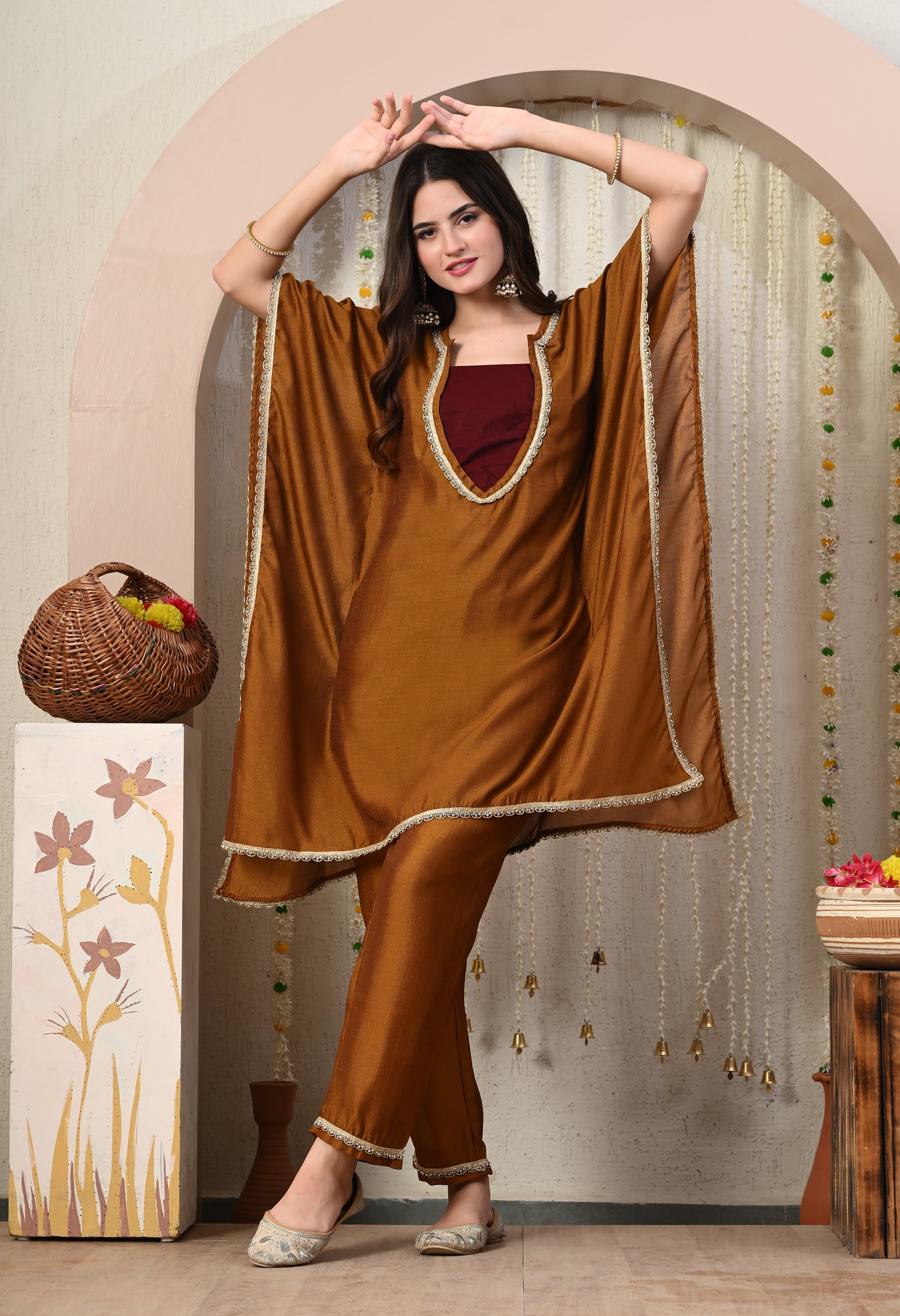 Myshka Brown Silk Blend Kaftan Round Neck Short Sleeves Kurta Trousers Set