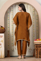 Myshka Brown Silk Blend Kaftan Round Neck Short Sleeves Kurta Trousers Set
