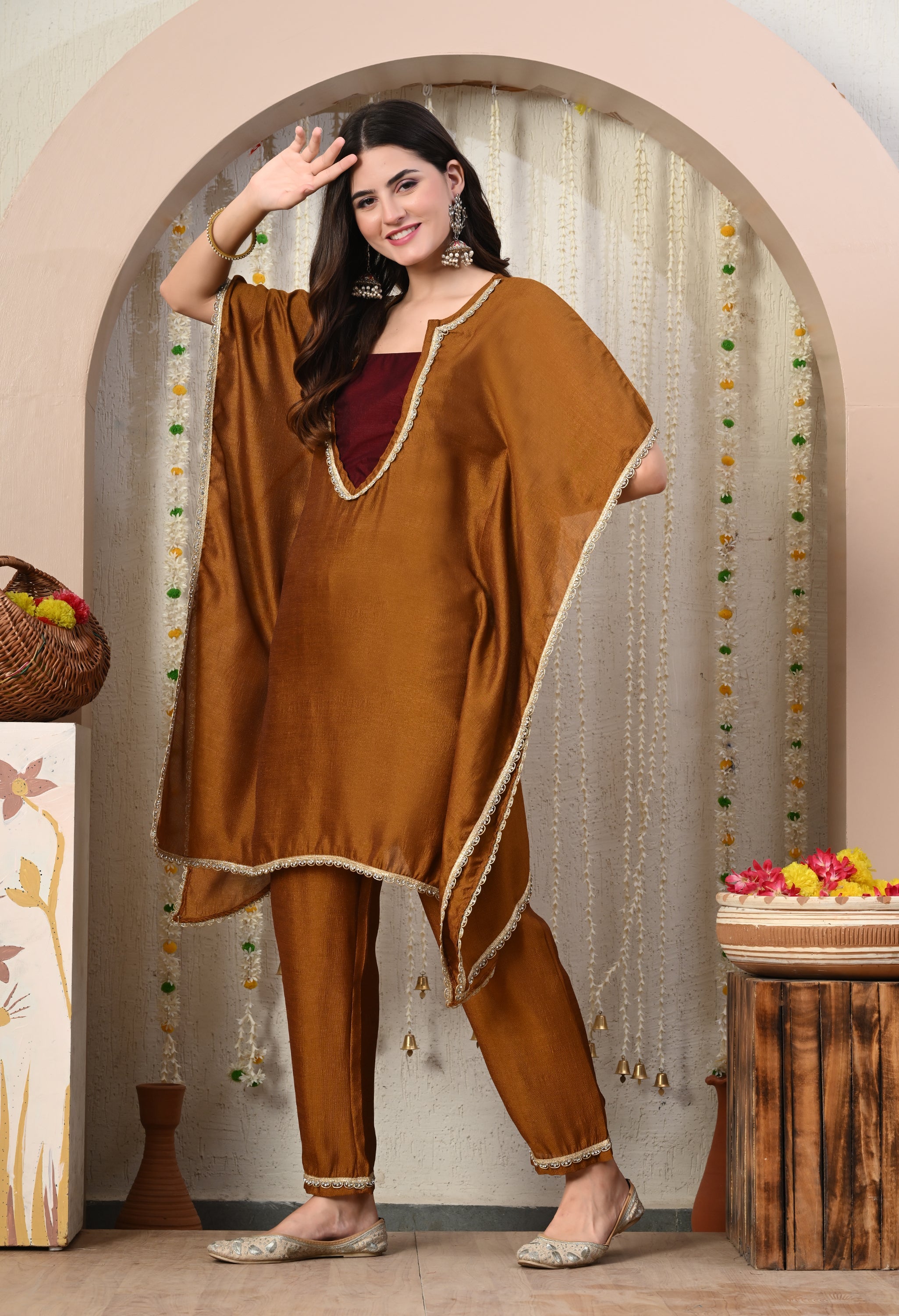 Myshka Brown Silk Blend Kaftan Round Neck Short Sleeves Kurta Trousers Set