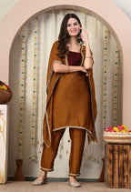 Myshka Brown Silk Blend Kaftan Round Neck Short Sleeves Kurta Trousers Set