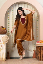 Myshka Brown Silk Blend Kaftan Round Neck Short Sleeves Kurta Trousers Set