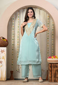 Myshka Blue Silk Blend Straight Round Neck Short Sleeves Kurta Trousers Set