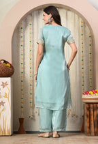 Myshka Blue Silk Blend Straight Round Neck Short Sleeves Kurta Trousers Set