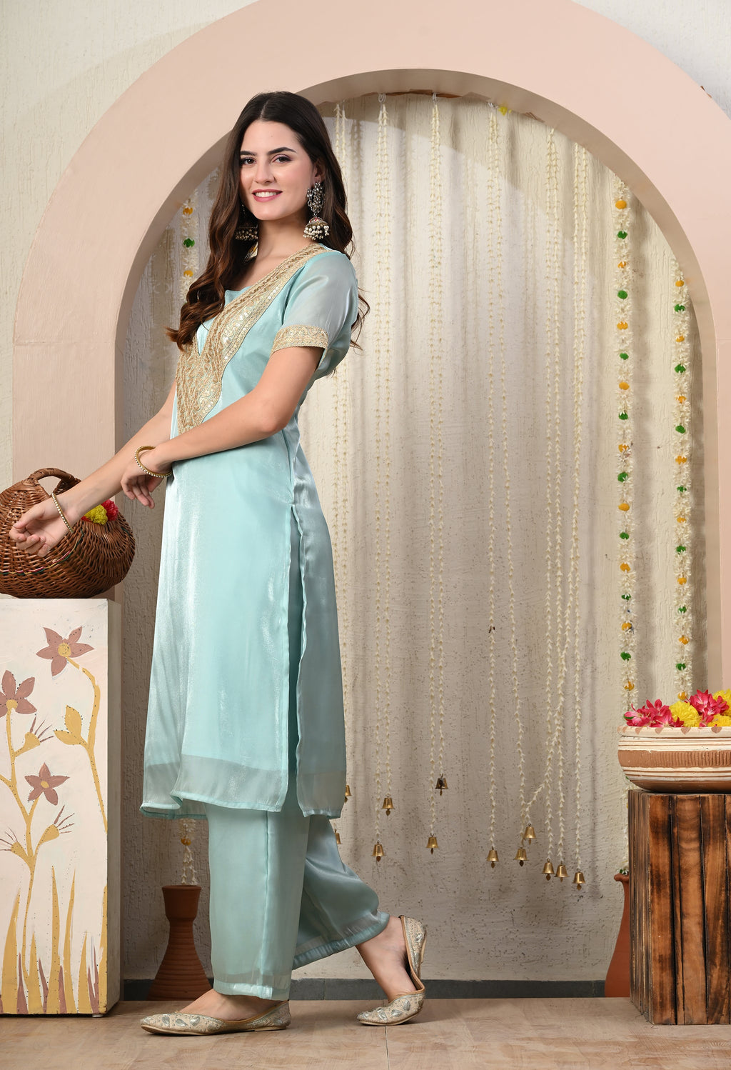 Myshka Blue Silk Blend Straight Round Neck Short Sleeves Kurta Trousers Set