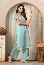 Myshka Blue Silk Blend Straight Round Neck Short Sleeves Kurta Trousers Set