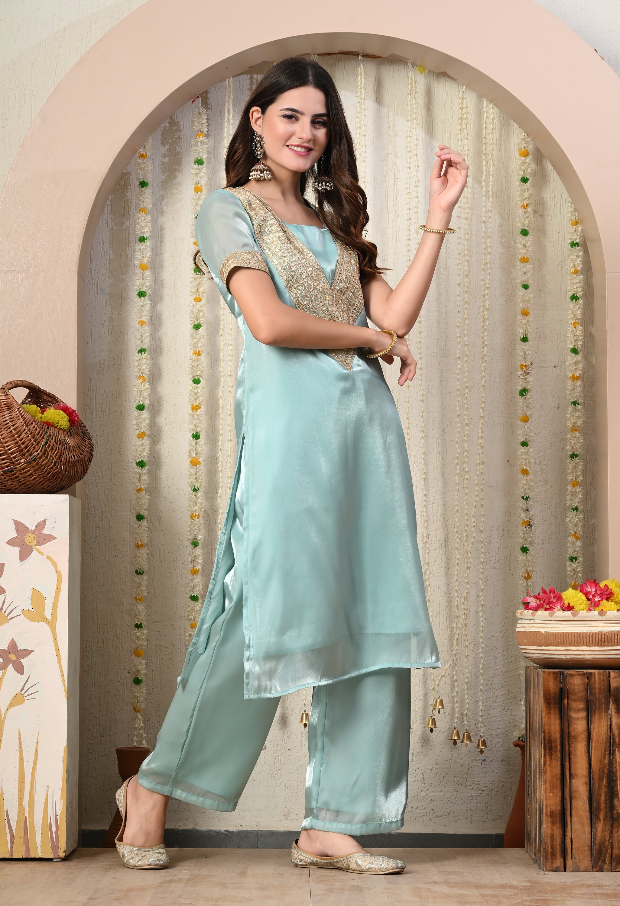 Myshka Blue Silk Blend Straight Round Neck Short Sleeves Kurta Trousers Set