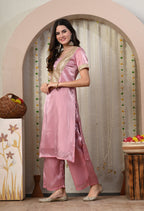Myshka Pink Silk Blend Straight Round Neck Short Sleeves Kurta Trousers Set