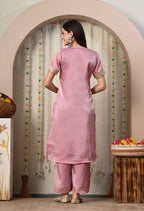 Myshka Pink Silk Blend Straight Round Neck Short Sleeves Kurta Trousers Set