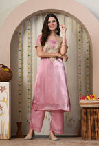 Myshka Pink Silk Blend Straight Round Neck Short Sleeves Kurta Trousers Set