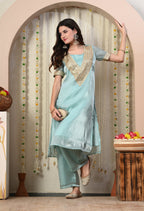 Myshka Blue Silk Blend Straight Round Neck Short Sleeves Kurta Trousers Set