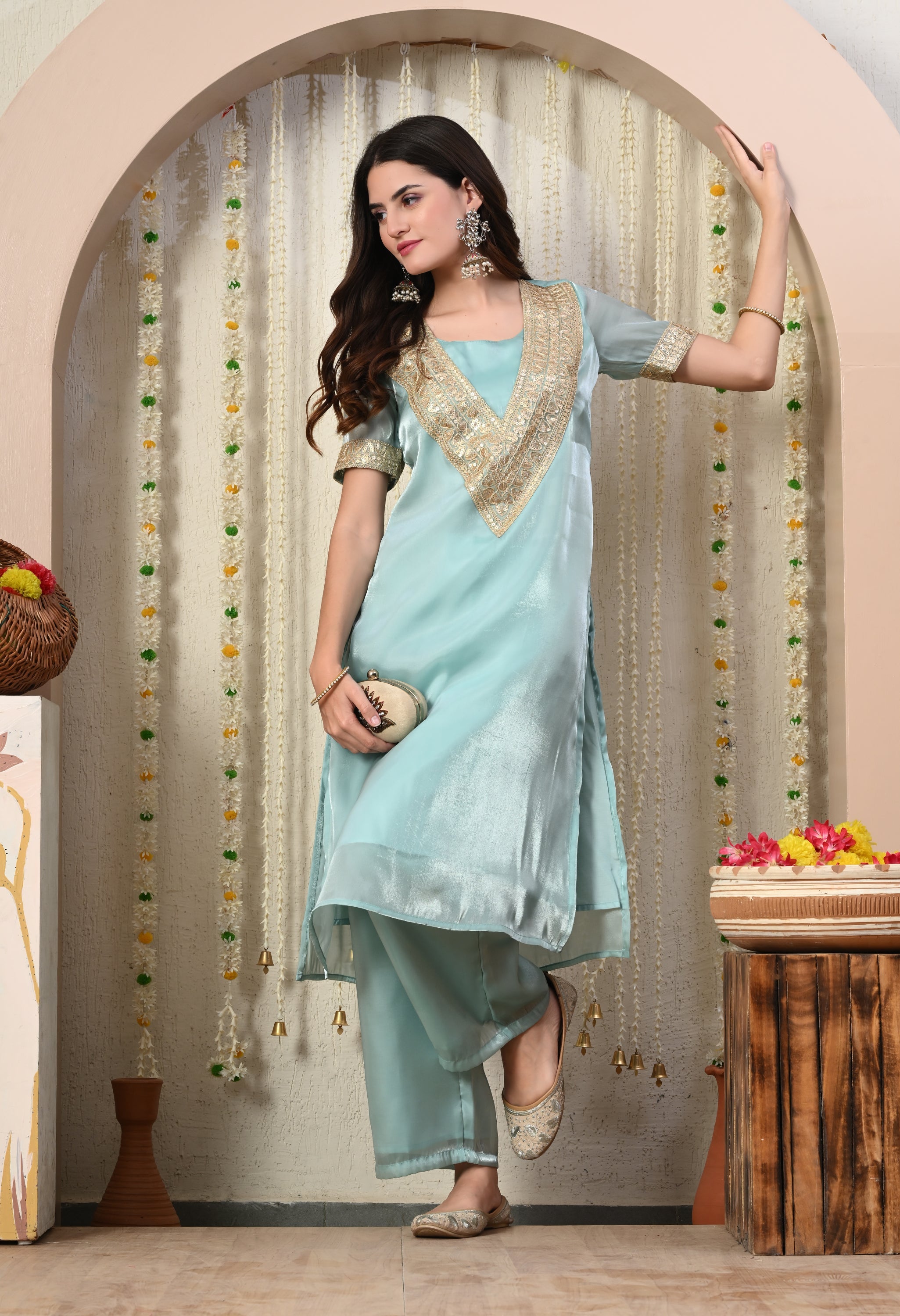 Myshka Blue Silk Blend Straight Round Neck Short Sleeves Kurta Trousers Set