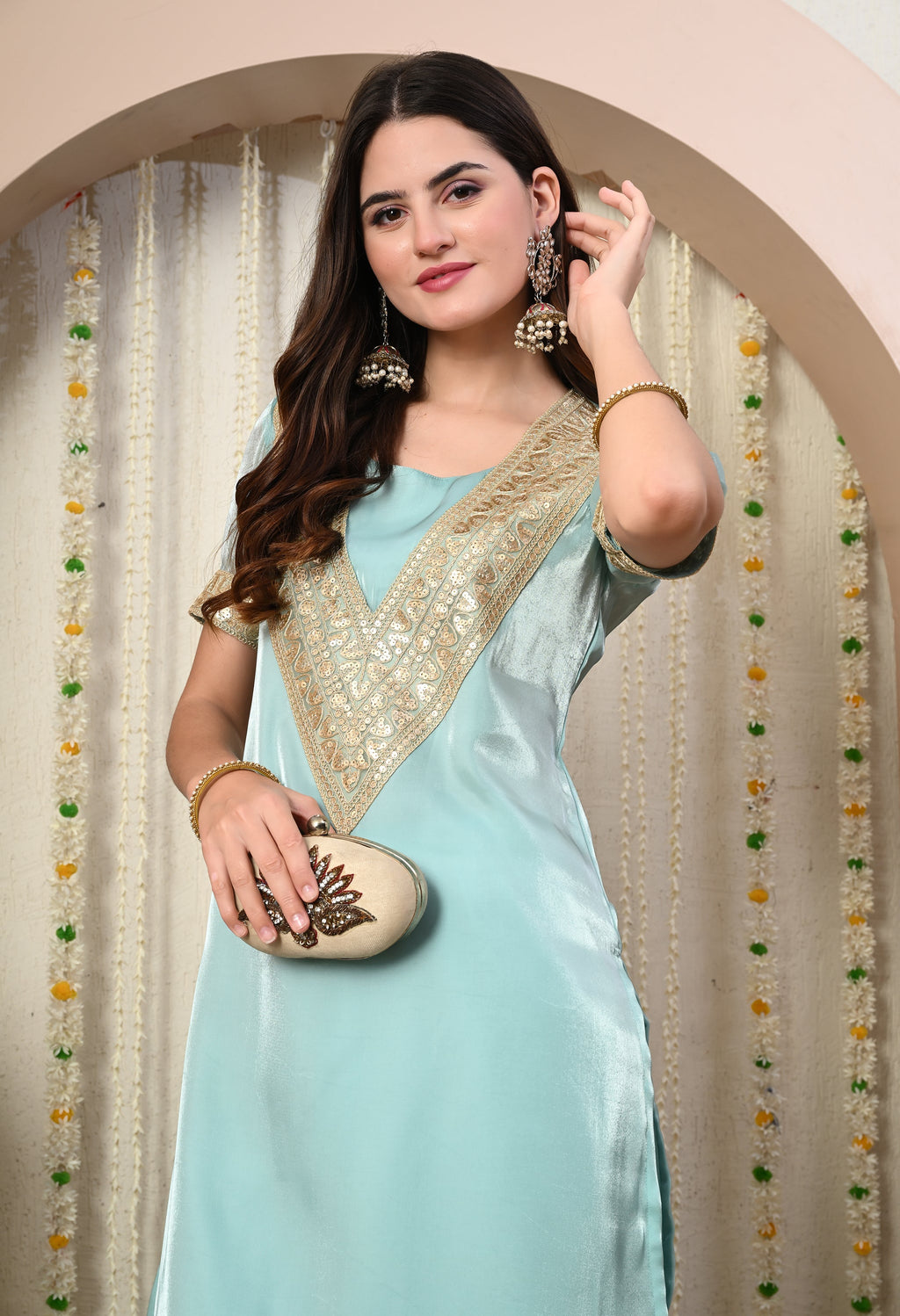 Myshka Blue Silk Blend Straight Round Neck Short Sleeves Kurta Trousers Set