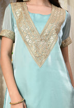 Myshka Blue Silk Blend Straight Round Neck Short Sleeves Kurta Trousers Set