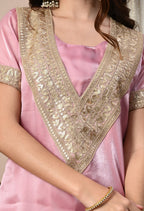 Myshka Pink Silk Blend Straight Round Neck Short Sleeves Kurta Trousers Set