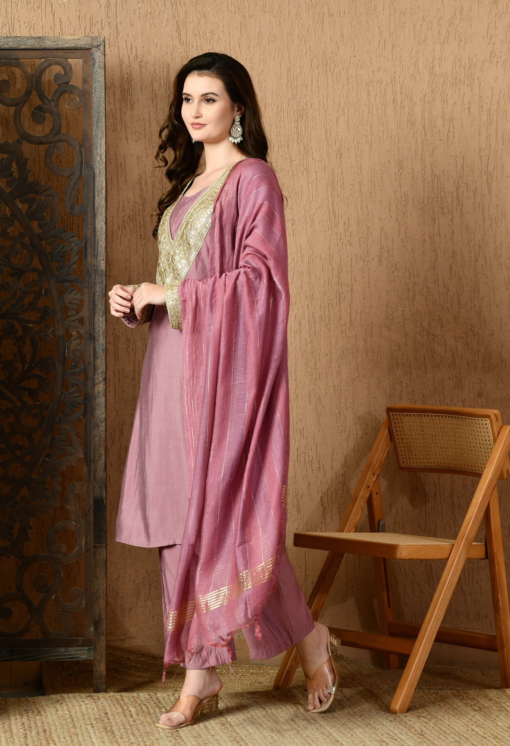 Myshka Lavender Silk Blend Straight Round Neck Long Sleeves Kurta Trousers With Dupatta