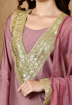 Myshka Lavender Silk Blend Straight Round Neck Long Sleeves Kurta Trousers With Dupatta