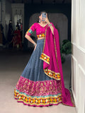 Lorenvalley Fashion Blue Tasar Silk Print with Foil Work and Real Mirror Gamthi Work with Lace Touch Up Lehenga Choli with Dupatta